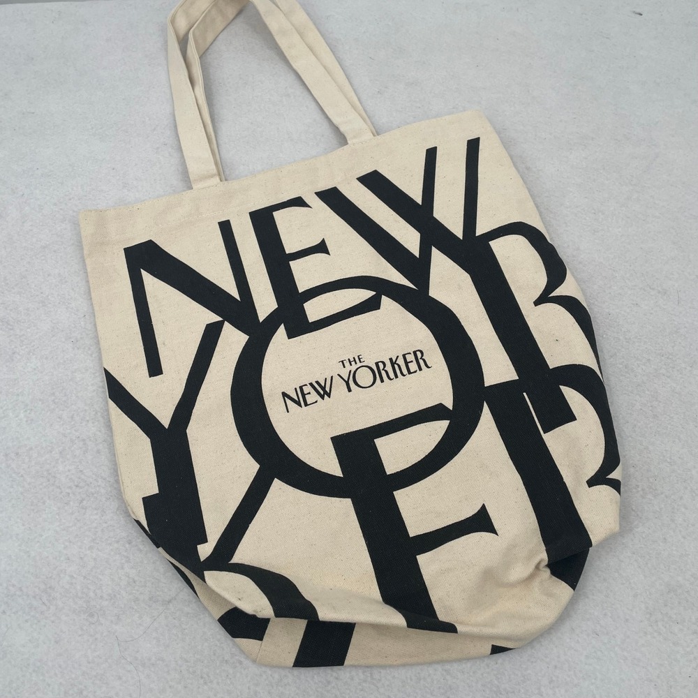 The New Yorker Canvas‎ Tote Bag Natural Cream Black Graphic Print Book Bag